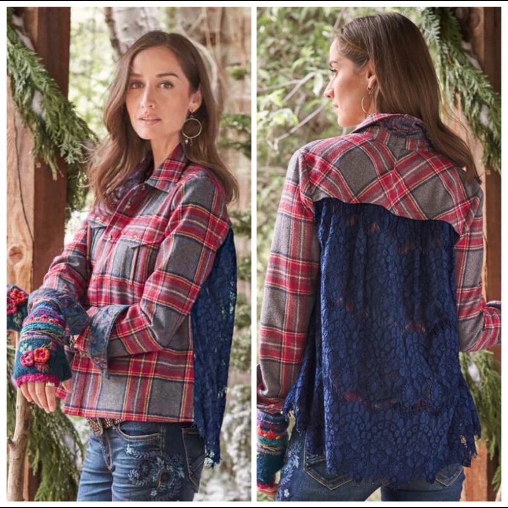 Sundance plaid wool shirt jacket lace back button excellent condition! - Picture 2 of 6